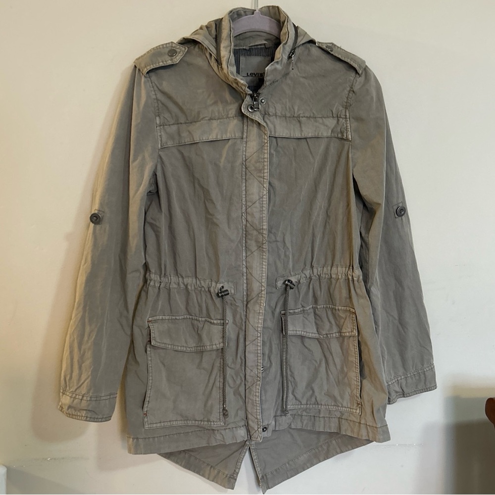 Levis Utility Jacket Womens Size XS Green Full Zip Snap Close Hooded Casual